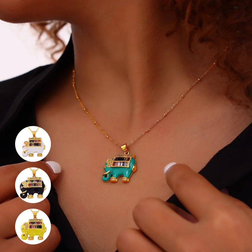 Fashion Elephant Pendant Necklace For Women Titanium Steel Chain Copper Drip Oil Colorful Rhinestone Inlaid Animal Charm Jewelry