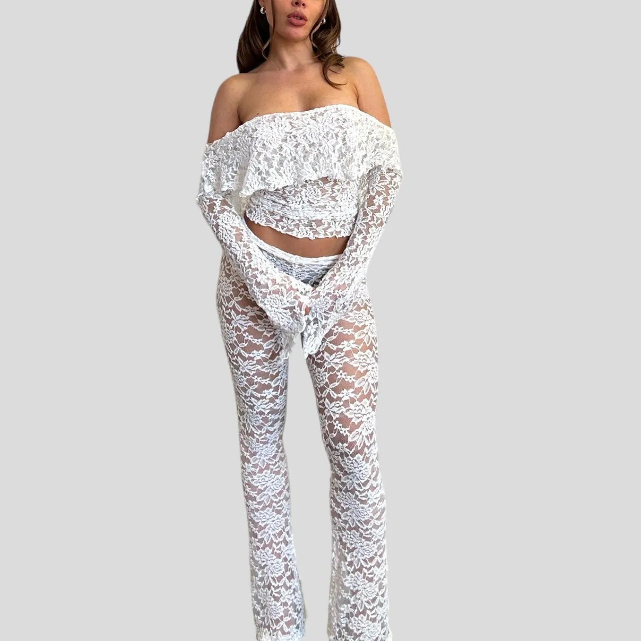 Sexy Lace Top And Flare Pants Off Shoulder Long Sleeve See Through Hollow Out Elegant Outfits For Women White