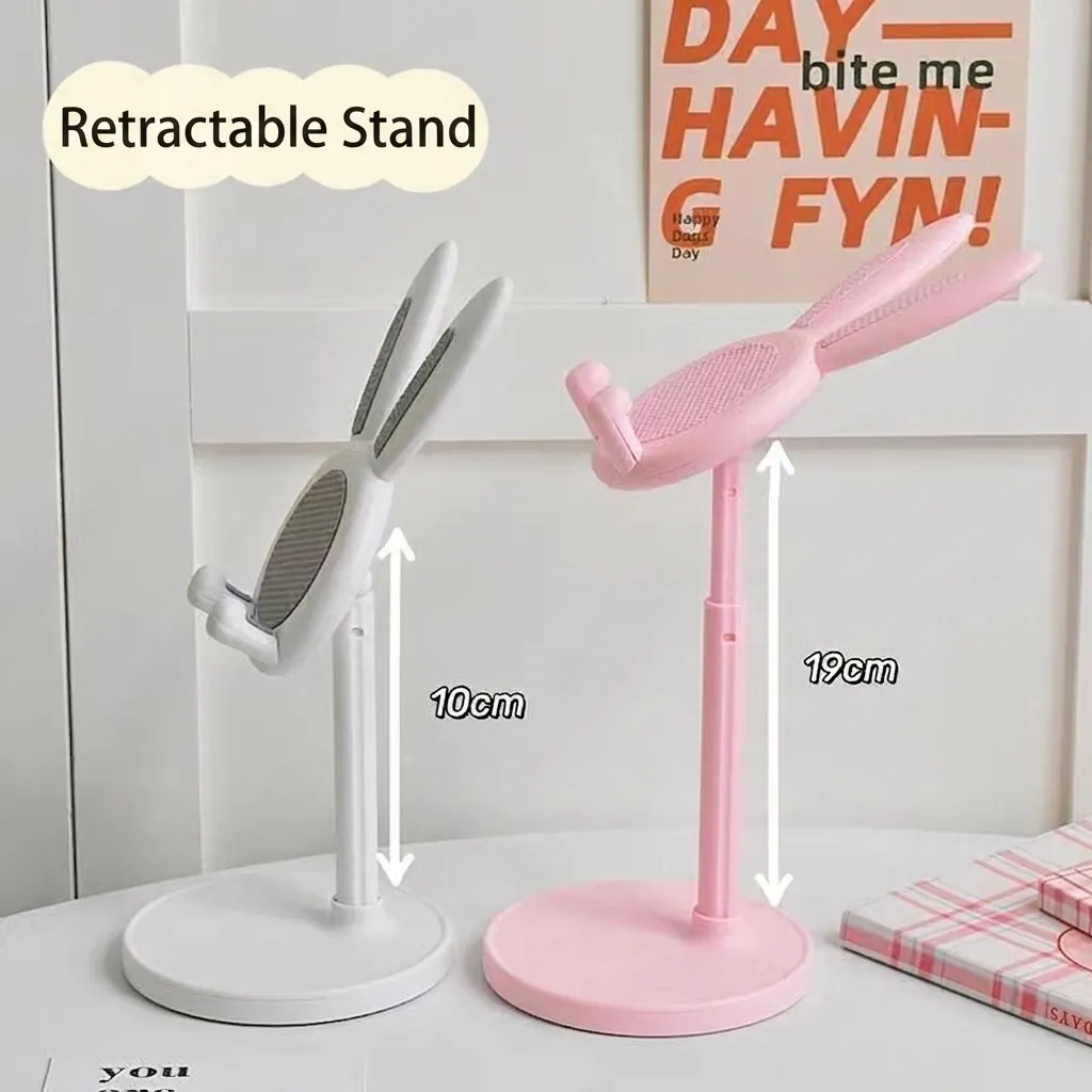 Desktop Phone Tablet Stand Adjustable Height Retractable Plastic Alloy Silicone Cute Rabbit Ear Cartoon Non-Slip Holder