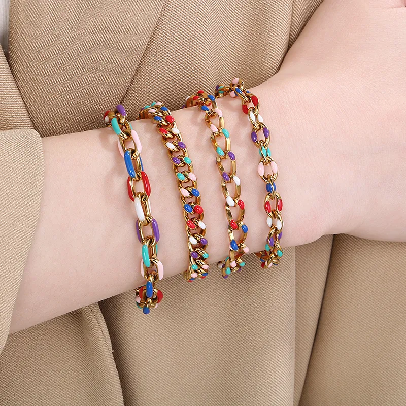 Bracciale A Catena Cubana Acciaio Inossidabile Placcato Oro 18K Smalto Multicolore Regolabile Gioielli Stile Vacanza