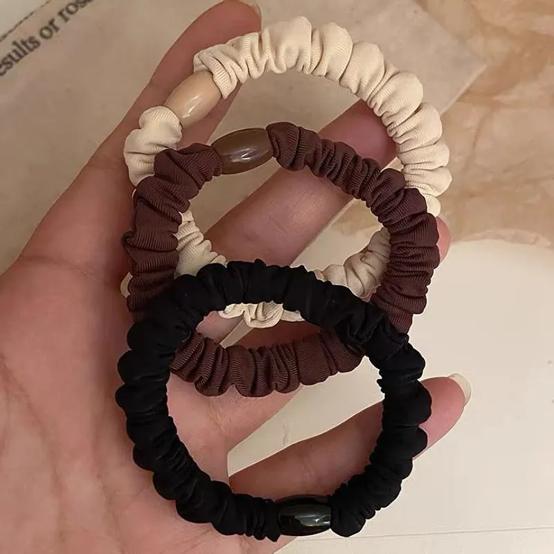 Ruched Cloth Hair Scrunchies Elastic Ponytail Holder Hair Ties With Decorative Bead Simple Elegant Hair Accessories