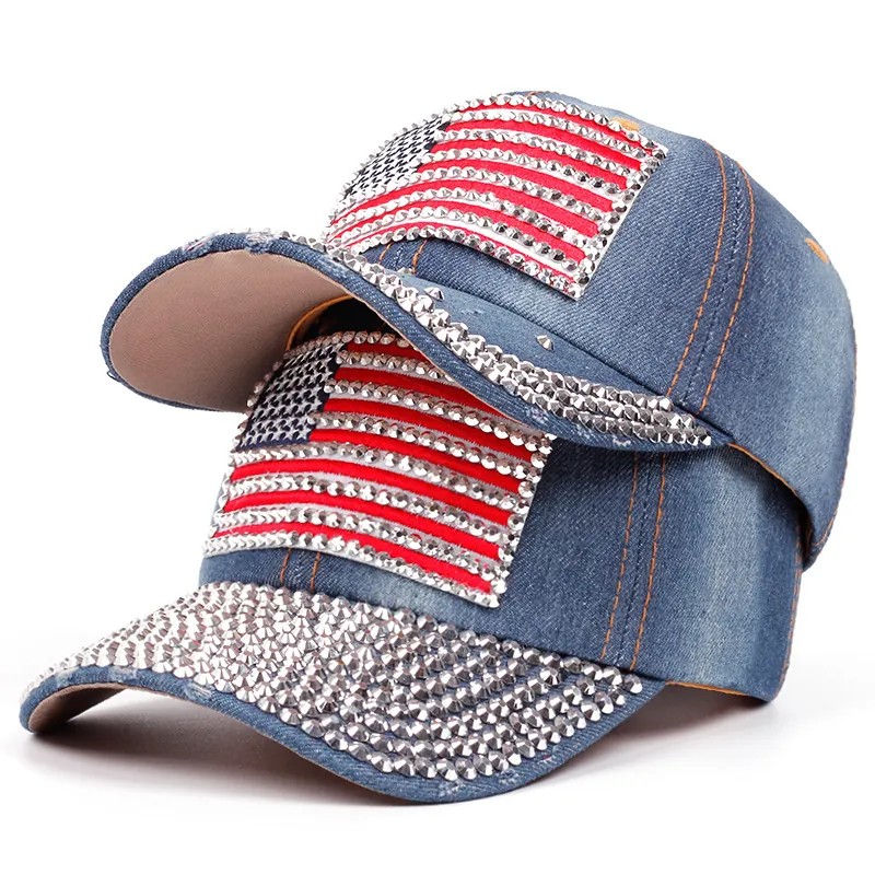 Casquette De Baseball En Denim À Strass Drapeau Américain Femmes Vintage Coton Lavé Chapeau Pare-Soleil Réglable Mode