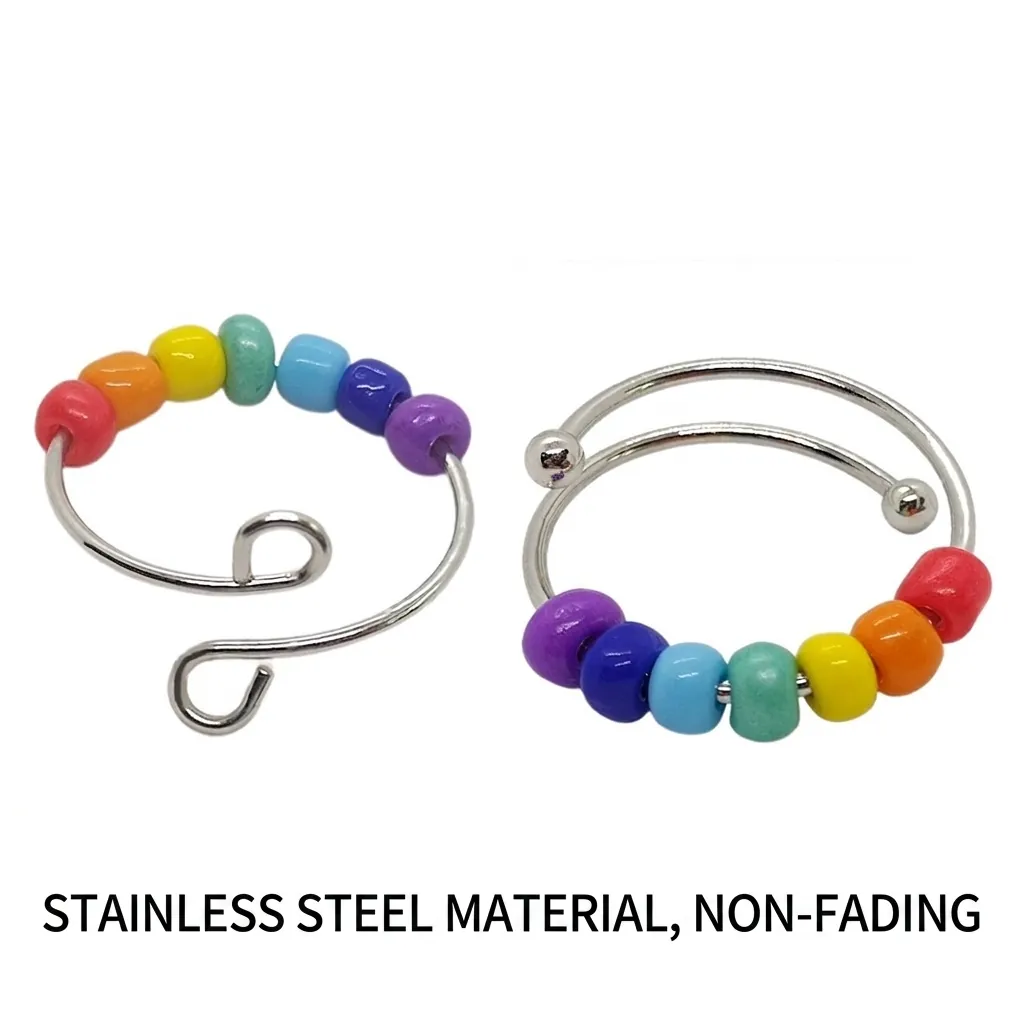 Rainbow Movable Beads Anxiety Ring Stainless Steel Glass Adjustable Open Design Stress Relief Jewelry For Women Men