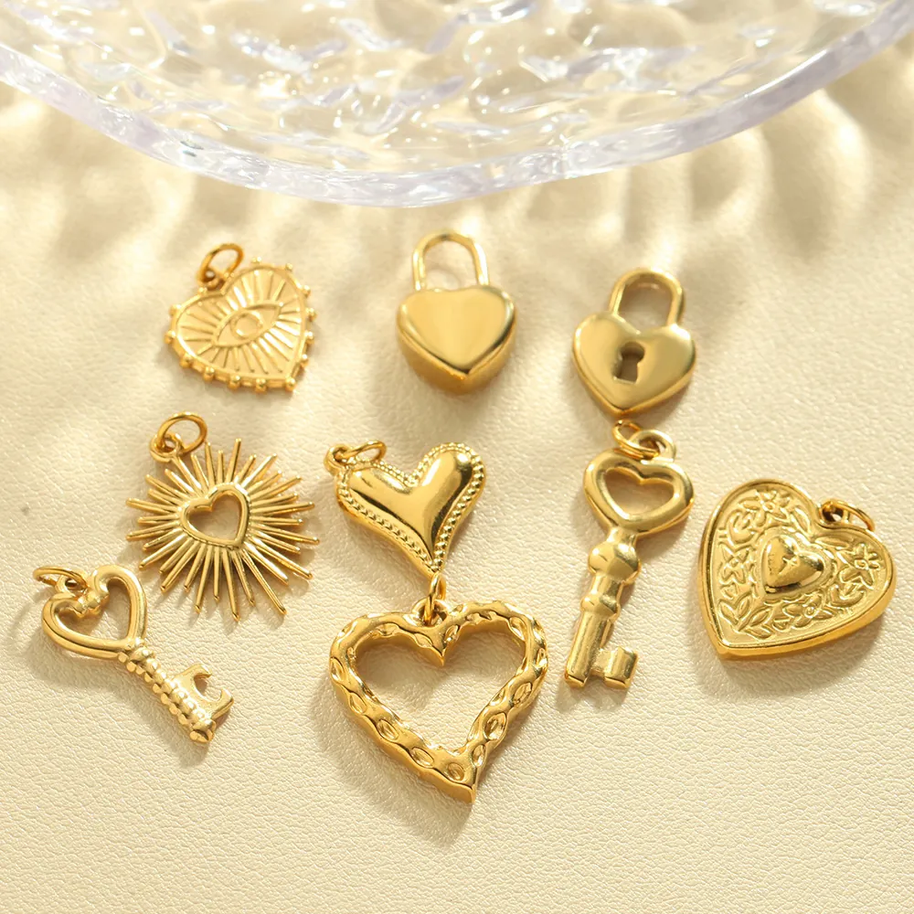 Golden Stainless Steel Heart Pendant Charms For DIY Jewelry Making Retro Cross Key Sun Styles Fashion Accessories