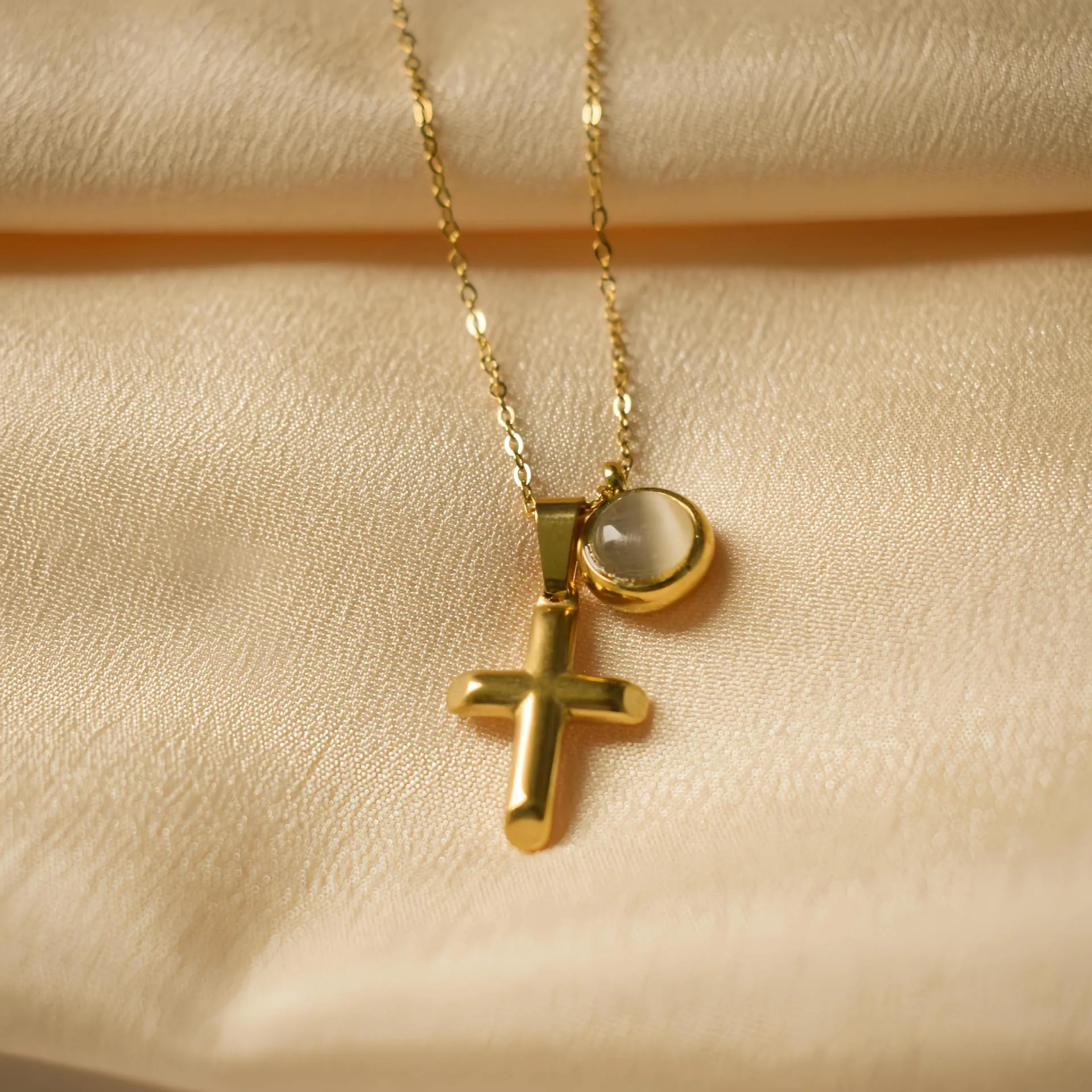 Cross Pendant Necklace With Round Fu Character Cat's Eye Stone Stainless Steel Gold Plated Retro Jewelry For Women