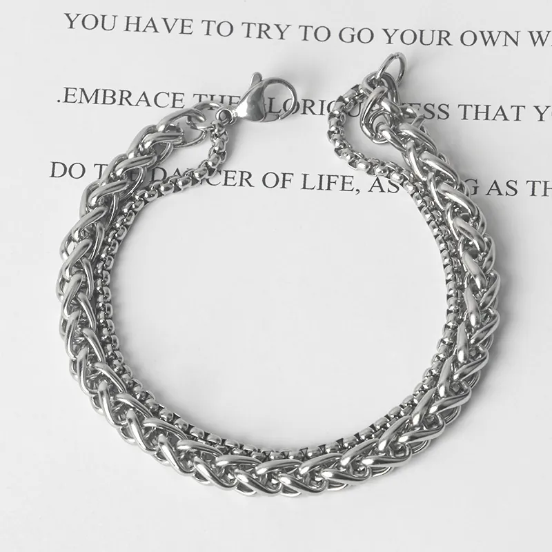 Layered Chain Bracelet Stainless Steel Wheat And Box Link Hip Hop Punk Style Jewelry For Men Women Silver Color