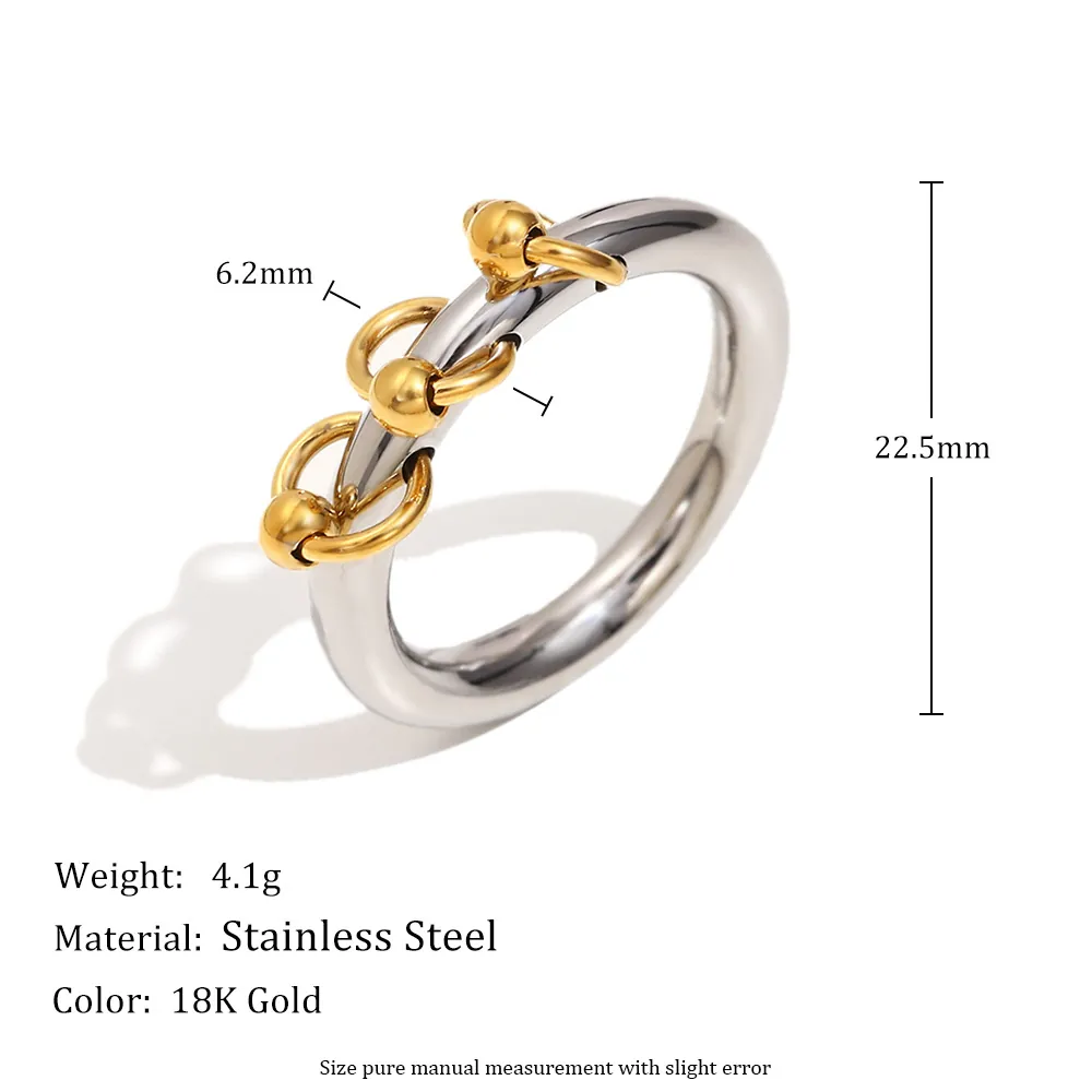 Stainless Steel Ring 18K Gold Plated Bicolor Dangling Round Beads Charms Tassel Minimalist Chic Fashion Jewelry For Women