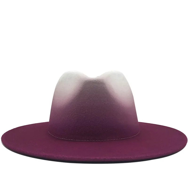 Wide Brim Fedora Hat Wool Felt Jazz Cap Gradient Tie Dye Retro Western Cowboy Style For Men And Women