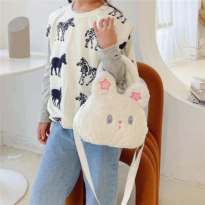 Cute Plush Rabbit Cartoon Crossbody Bag For Kids Girls Soft Faux Fur Animal Shaped Shoulder Handbag Adjustable Strap