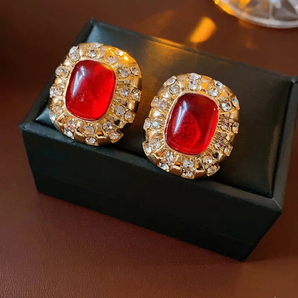 Vintage Rote Harz Edelstein Ohrstecker Legierung Strass Mit Silbernen Ohrsteckern Eleganter Palaststil Für Damen