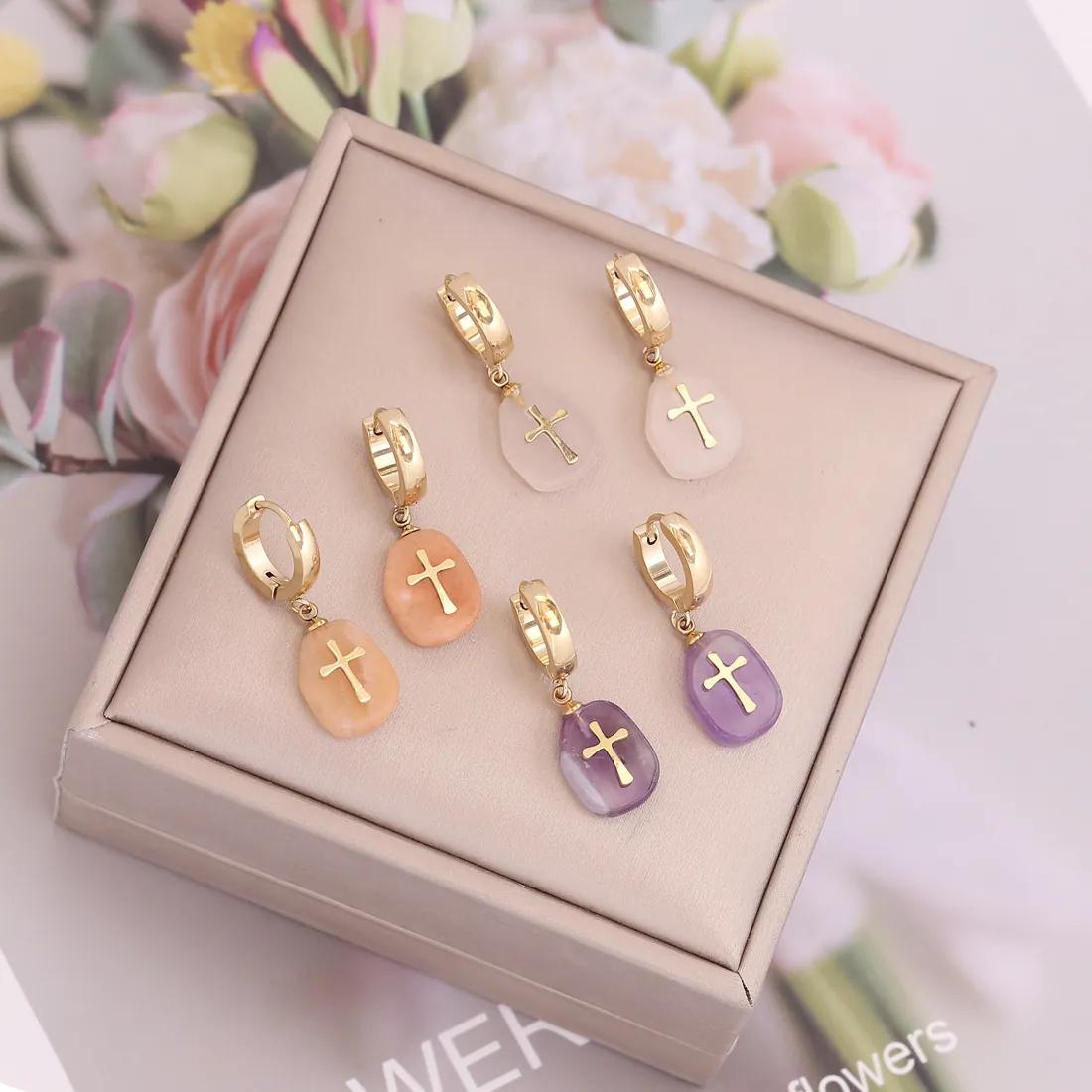 Boucles D'oreilles Croix En Acier Inoxydable Pierre Naturelle Irrégulière Géométrique Plaqué Or Bijoux Mode Femme