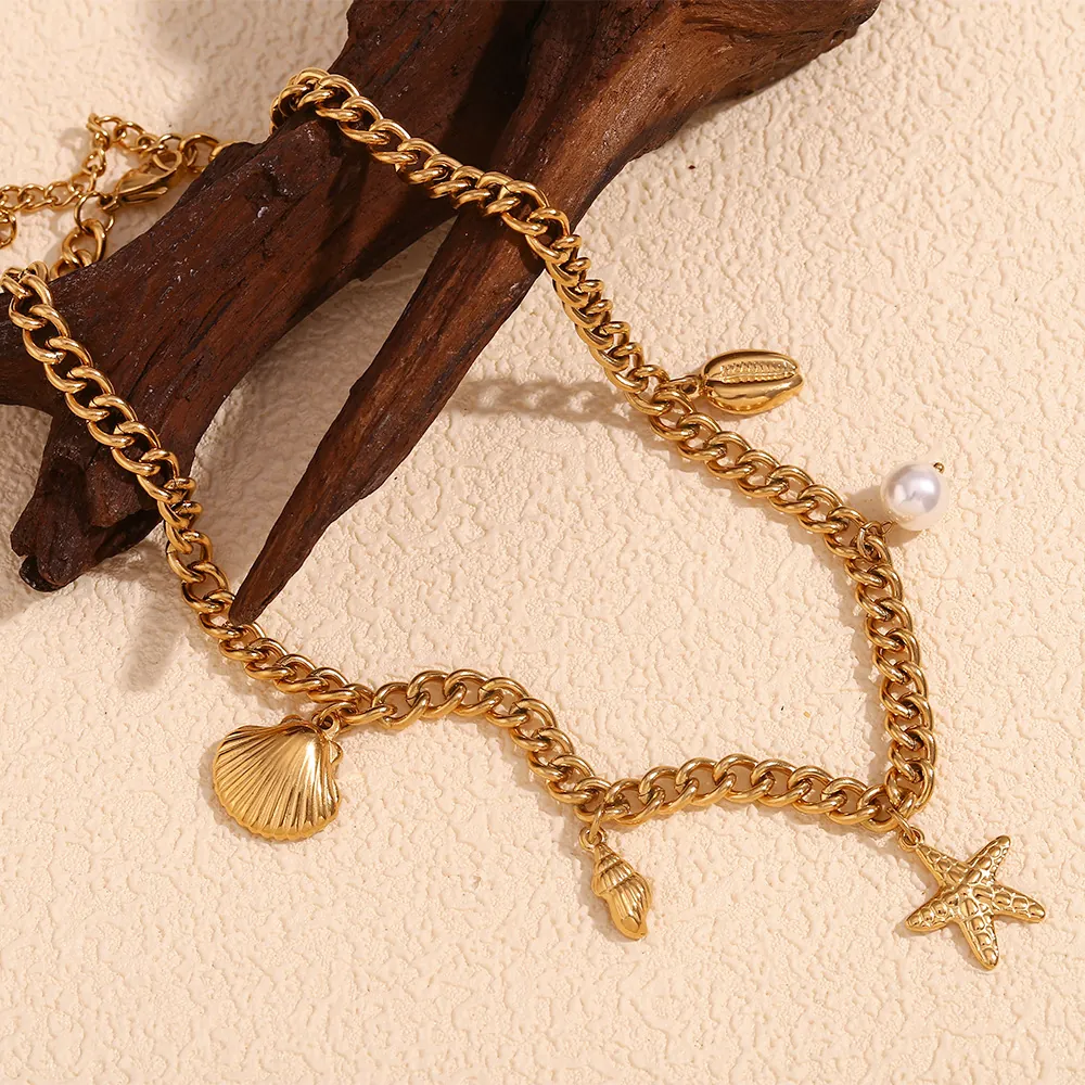 Ocean Theme Shell Starfish Pendant Necklace Stainless Steel 18K Gold Plated With Artificial Pearl Beach Vacation Style Jewelry For Women
