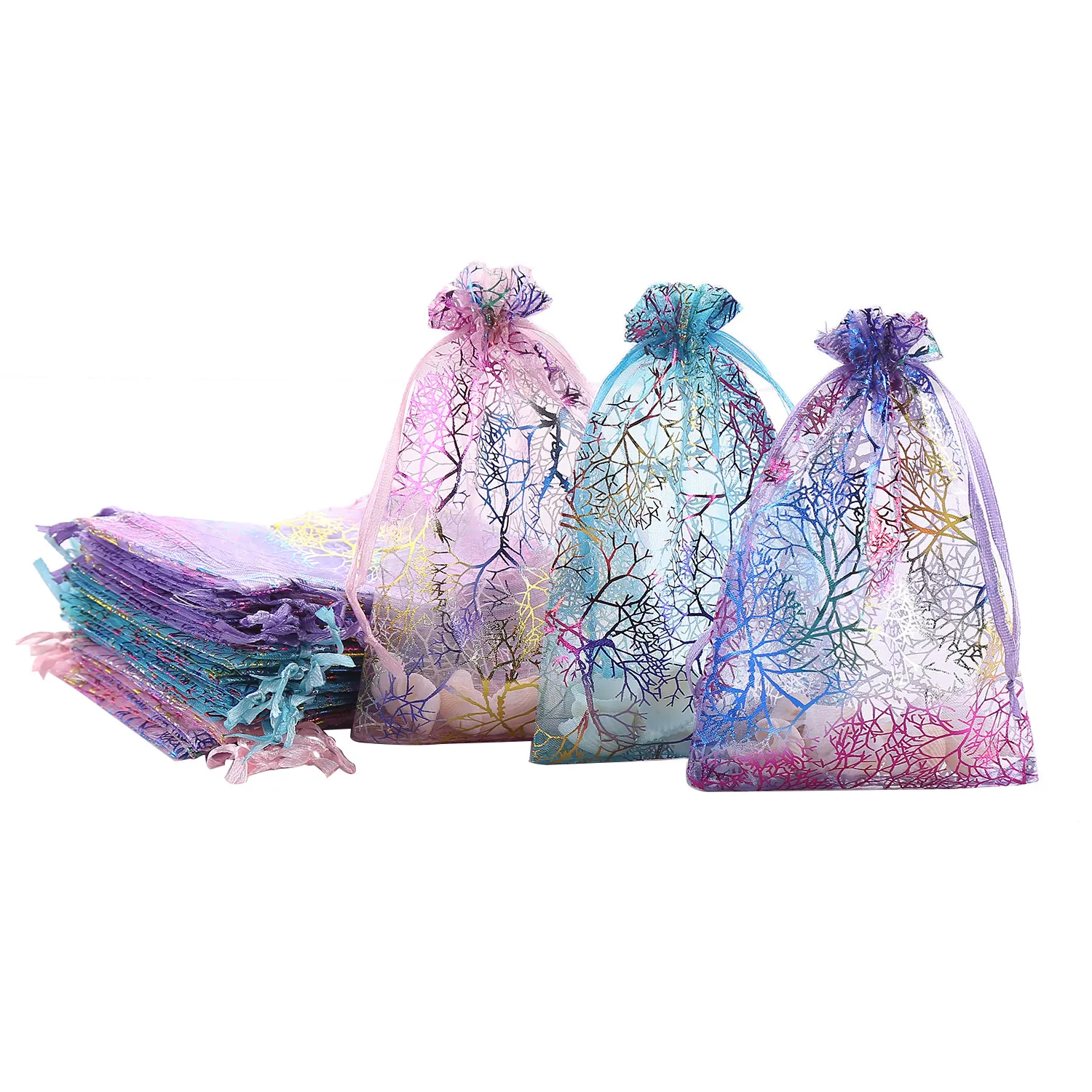 Coral Pattern Organza Gift Bags Gold Hot Stamping Drawstring Jewelry Packaging Pouch For Wedding Party Favors Candy Storage