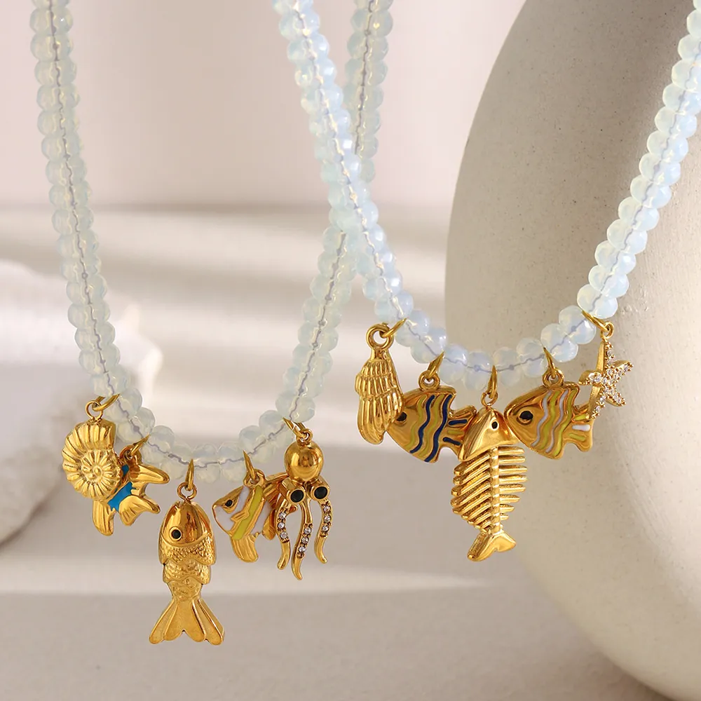 Collier Perles Acier Inoxydable Plaqué Or 18 Carats Pendentif Vie Marine Avec Perles Opale Coquillage Étoile De Mer Bijoux Bohème
