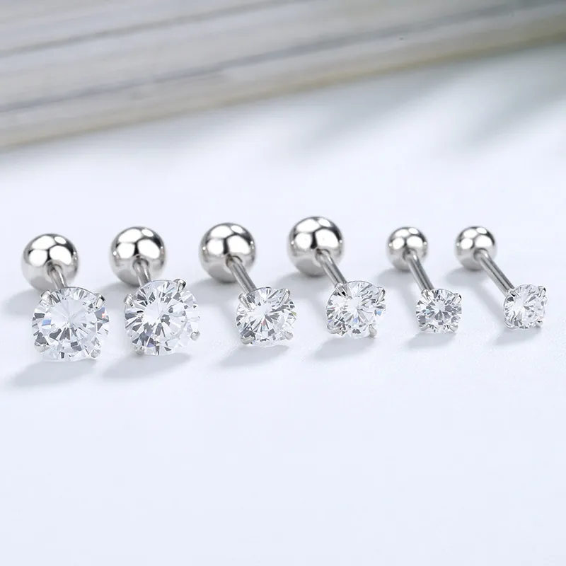 Claw Set Zircon Stud Earrings Round Threaded Ball Screw Back Cartilage Piercing Minimalist Fashion Jewelry For Women