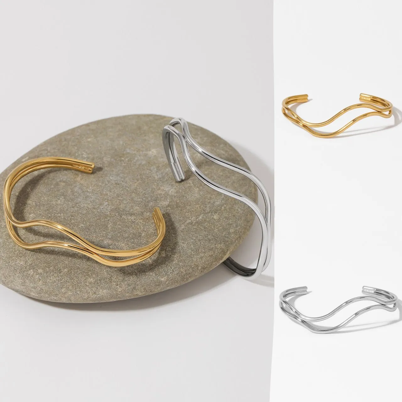 Cuff Bracelet Stainless Steel Wave Irregular Double Line Minimalist Fashion Jewelry Accessories For Women