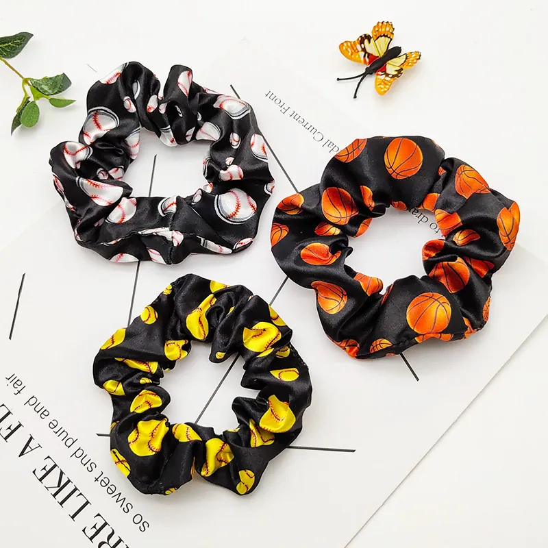 Sporty Style Satin Printed Hair Scrunchies Baseball Basketball Football Pattern Elastic Hair Bands Large Intestine Ring For Women Hair Accessories