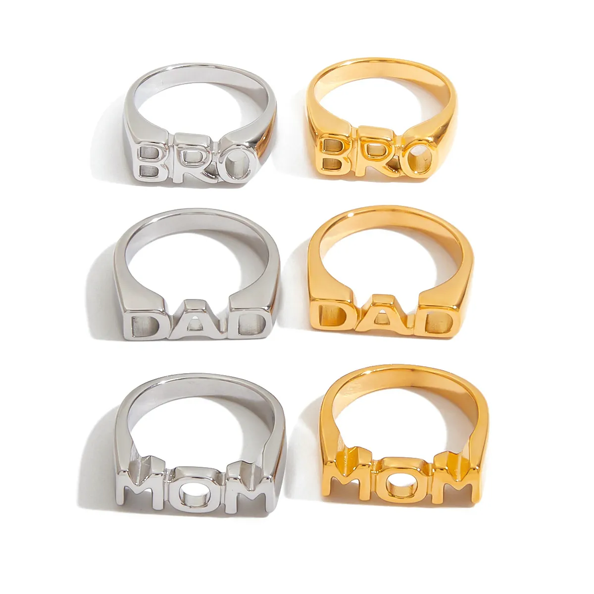 MOM DAD BRO Letter Ring Roestvrij Staal 18K Verguld Waterdicht Hypoallergeen Holle Familie Sieraden Cadeau Voor Vrouwen