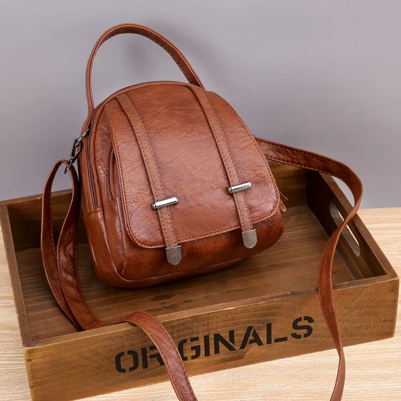 Retro Women Shoulder Bag PU Leather Litchi Pattern Multi Layer Zipper Crossbody Mobile Phone Purse Earphone Hole Handbag