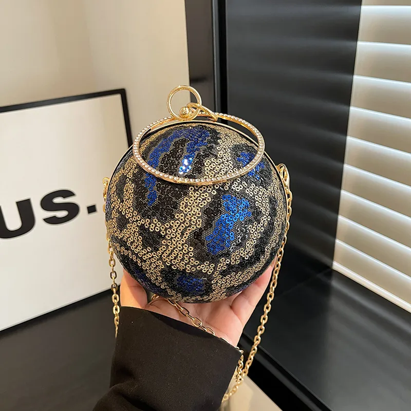 Women Ball Shaped Sequin Evening Bag Leopard Print Clutch With Rhinestone Handle And Chain Strap Party Handbag