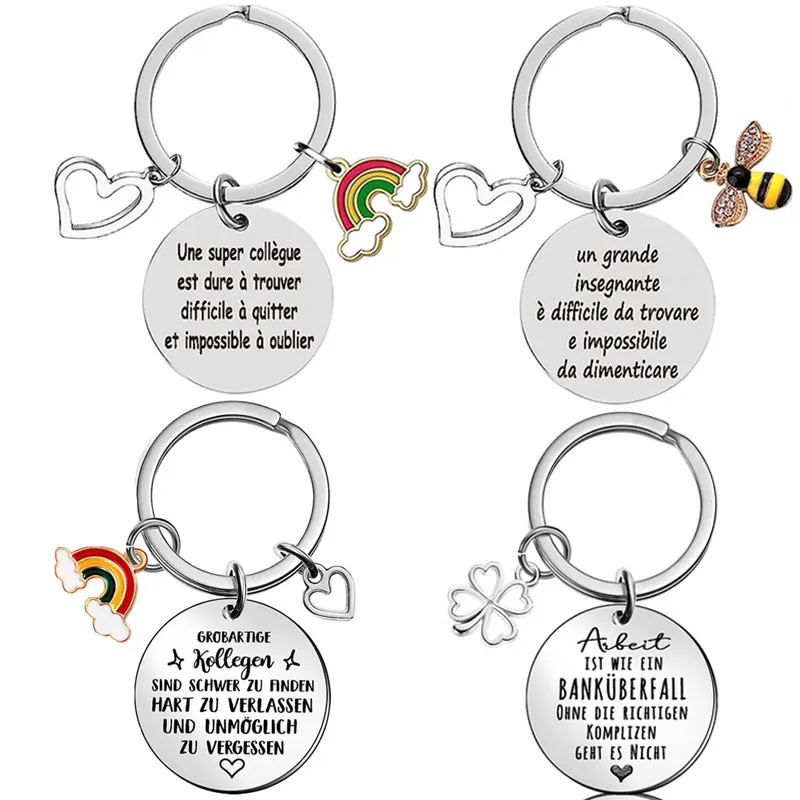 Portachiavi in Acciaio Inossidabile Arcobaleno Ape Cuore Quadrifoglio Regalo Collega Insegnante Inciso Francese Tedesco Italiano