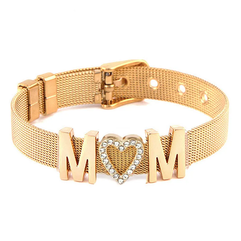Stainless Steel Mesh Band Bracelet Adjustable Rhinestone Heart MOM Letter Jewelry Mother Day Gift For Women