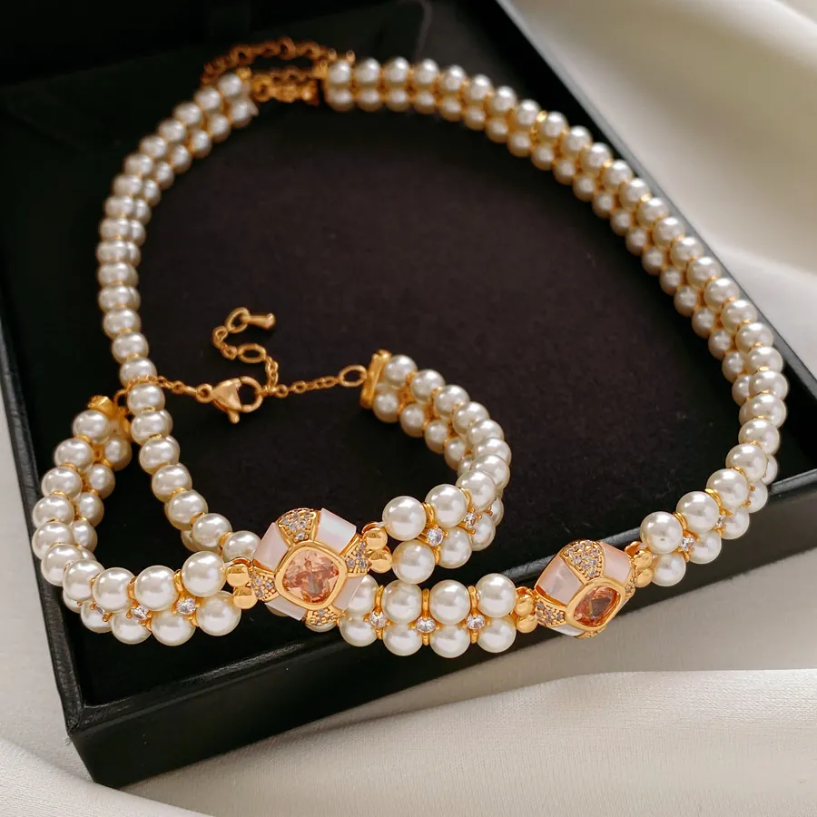 Collier Et Bracelet En Künstliche Perles D'imitation Multirang Cuivre Plaqué Or Zircon Nacre Pendentif Losange Femmes