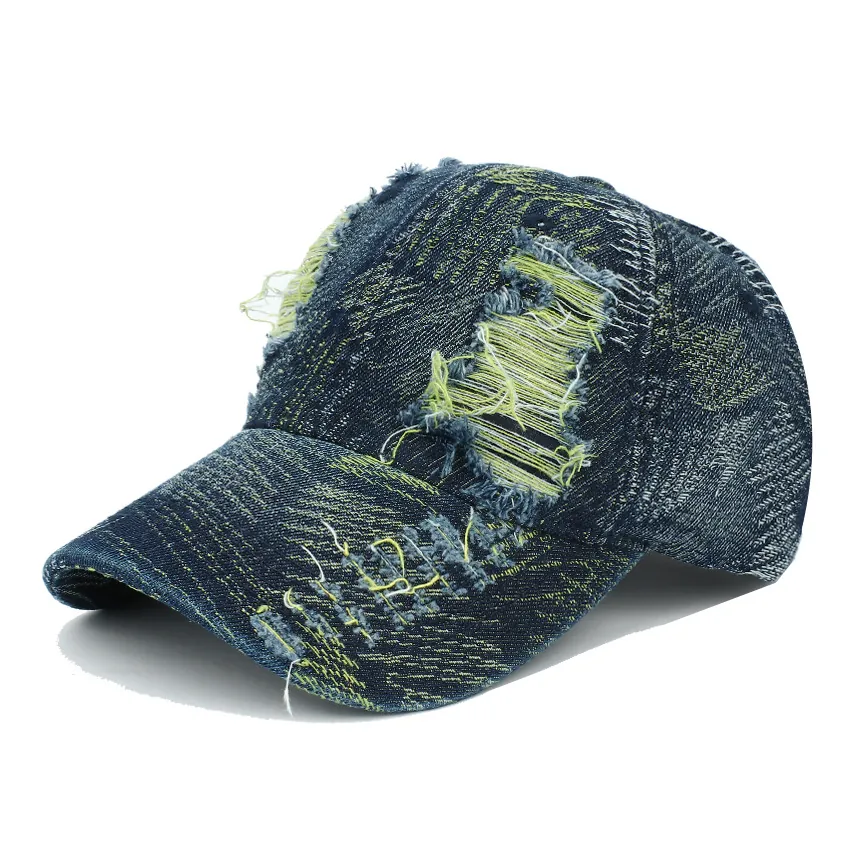 Distressed Denim Baseball Cap Washed Cotton Ripped Retro Adjustable Streetwear Sun Hat For Men And Women
