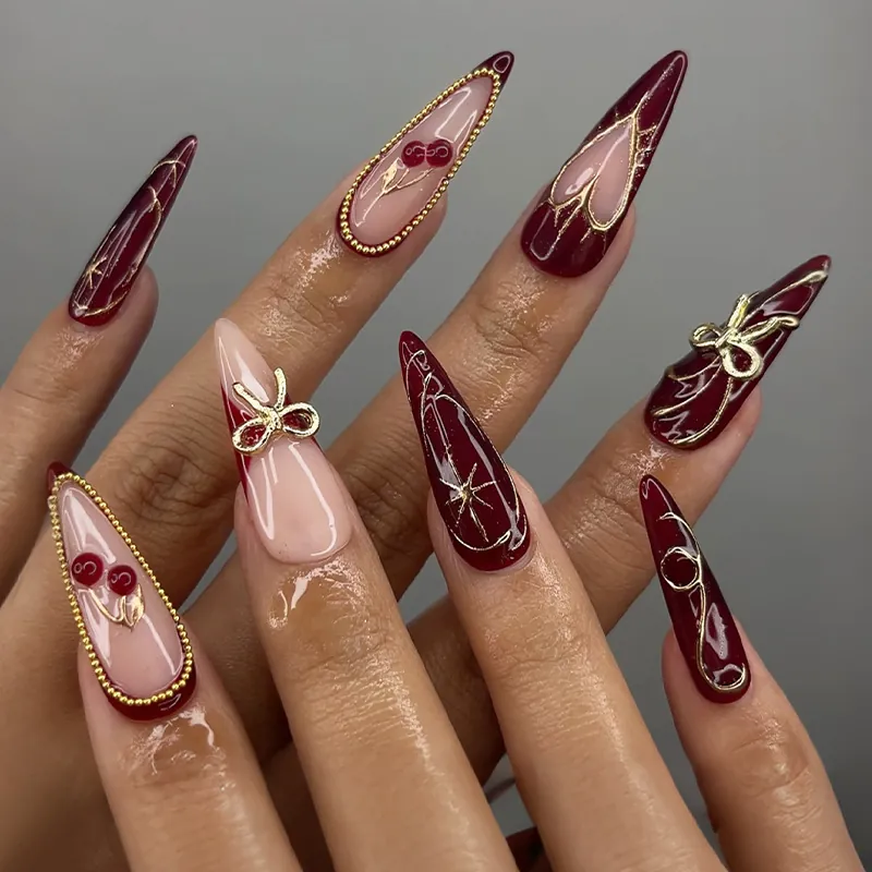 Long Stiletto Press On Nails Wine Red Pink Gold Bow Heart Chain Decoration Luxury Elegant For Women DIY Manicure