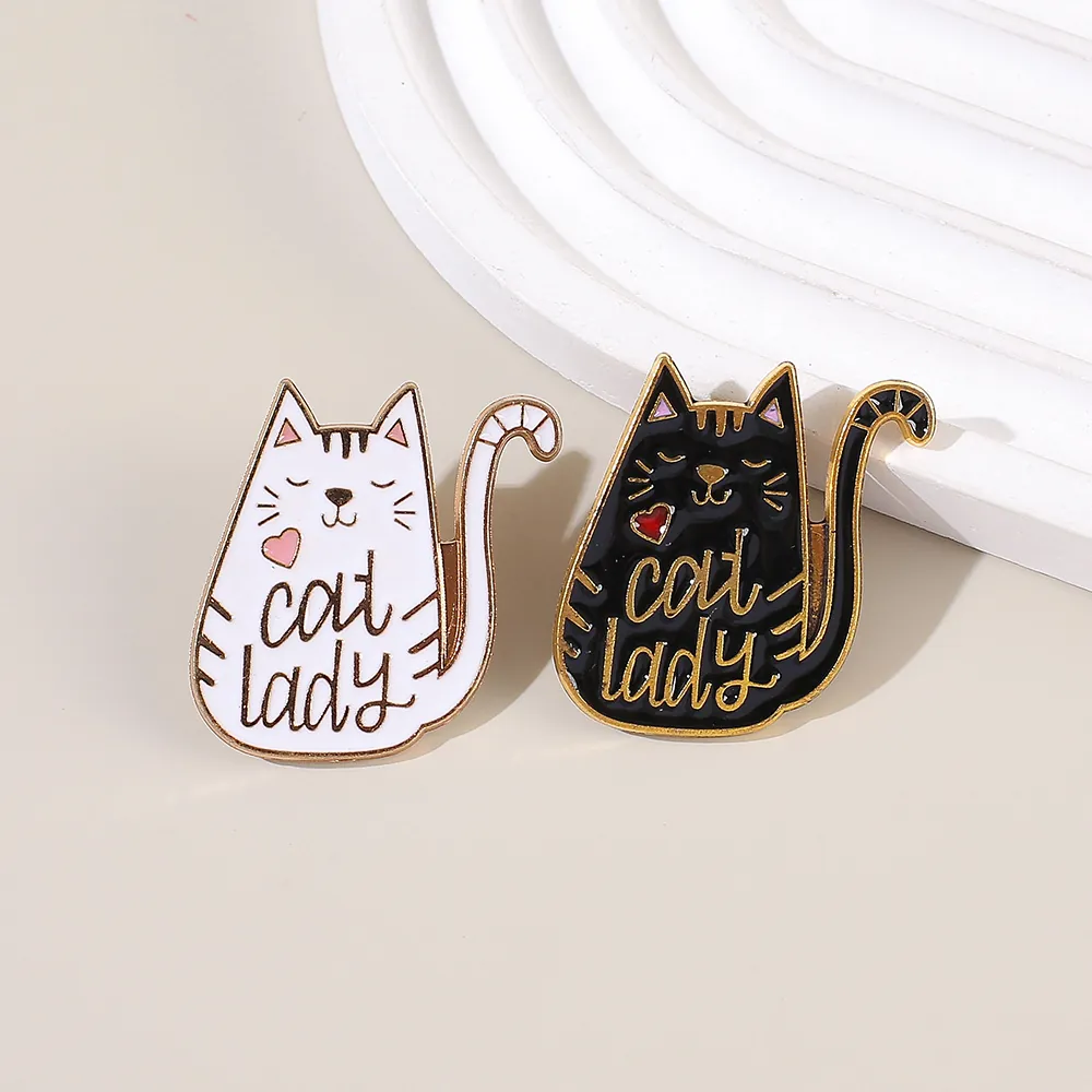 Cartoon Cute Cat Lady Enamel Brooch Pin Alloy Metal Badge Black White Cat Jewelry Gift For Women Clothes Backpack Decoration