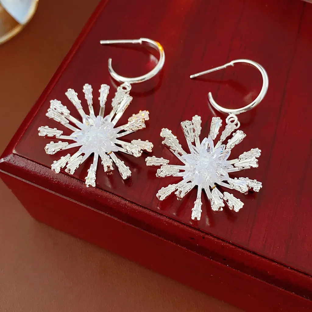 Boucles D'oreilles Pendentif Flocon Neige En C Cuivre Avec Silver Earring Post Design Feu D'artifice Élégant Chic Bijoux Mode