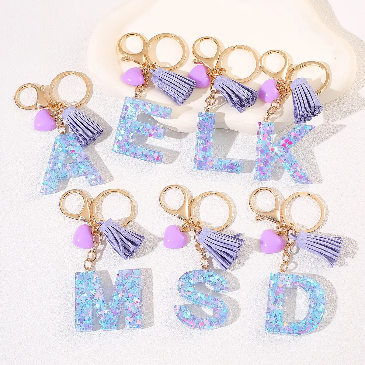 Purple Initial Letter Keychain Resin Glitter Heart Tassel Alloy Charm For Handbag Backpack Car Key Fashion Women Gift