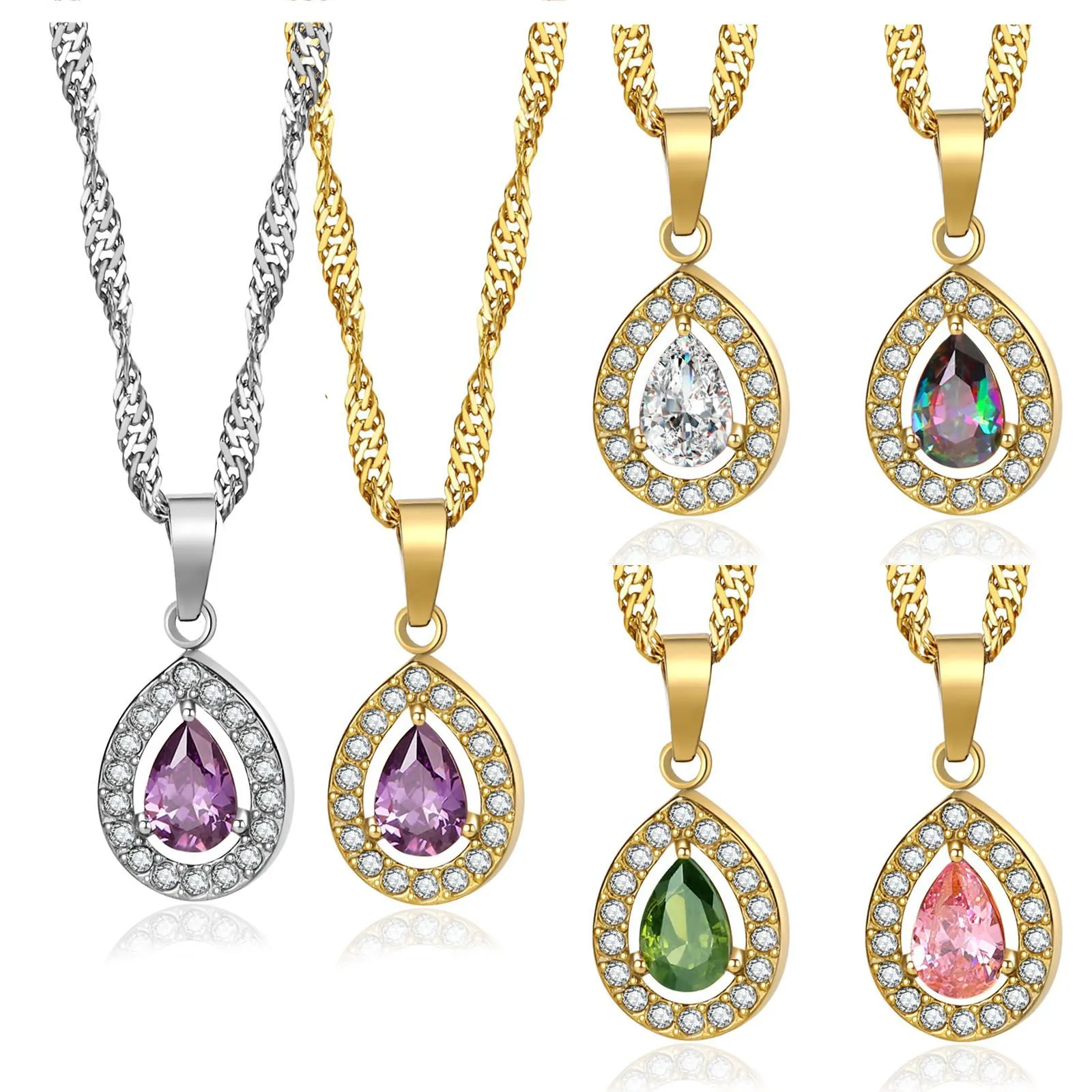 Collier Pendentif Goutte D'eau Acier Inoxydable Zircon Cubique Taille Poire Halo Chaîne Vague Bijoux Élégants Pour Femmes