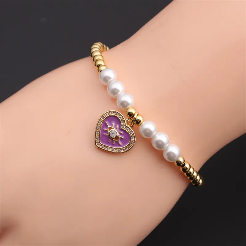 Bracciale Con Ciondolo A Cuore Malocchio Grani In Rame Placcato Oro Künstliche Perle D'Imitazione Bianche Gioielli In Smalto Per Donna