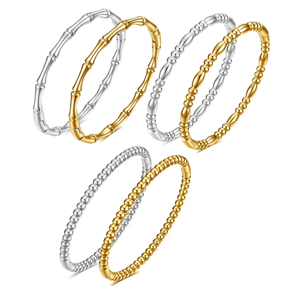 Minimalist Stainless Steel Bangle For Women 18K Gold Plated Bamboo Bead Snake Design High Polished Fashion Jewelry