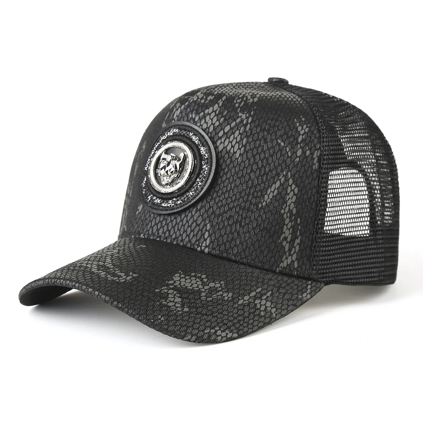 Cappello Trucker Mesh Baseball Con Motivo Serpente Pelle Sintetica E Distintivo Leopardo Metallo Traspirante Parasole Esterno