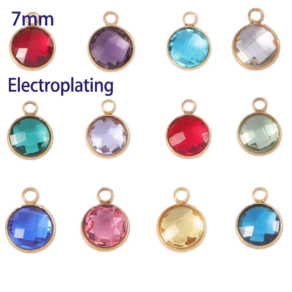 Round Birthstone Pendants 304 Stainless Steel Zircon Mini Charms For DIY Jewelry Making Necklace Bracelet Handcraft