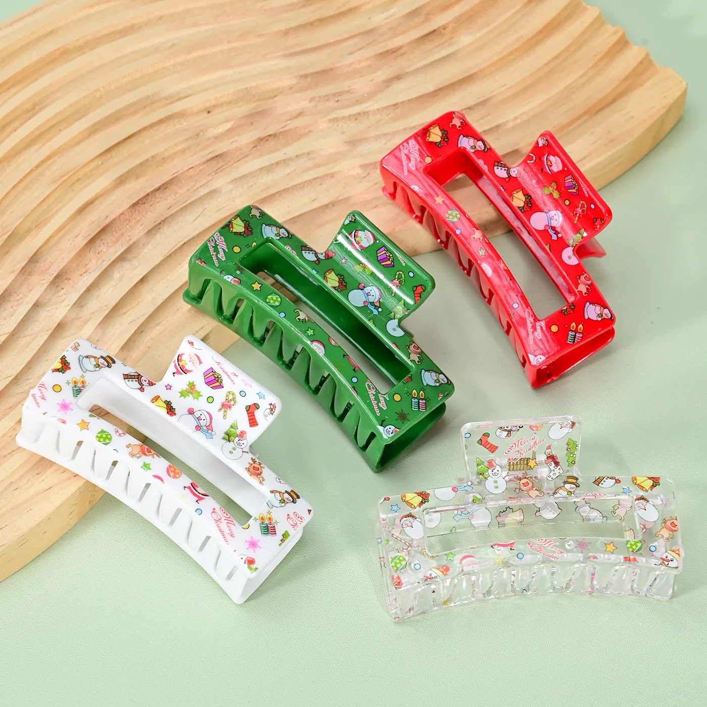 Christmas Hair Claw Clips Acrylic Plastic Printed Festive Santa Snowman Reindeer Pattern Holiday Hair Accessories