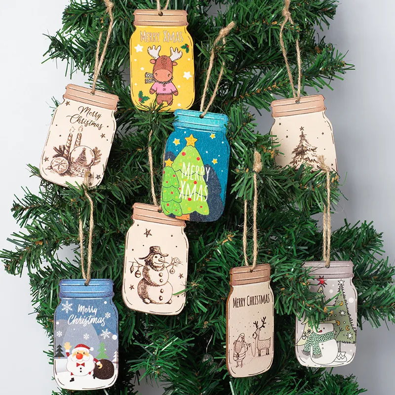 Wood Mason Jar Christmas Ornaments UV Printed Santa Snowman Reindeer Tree Tags For Xmas Tree Party Home Decor Hanging