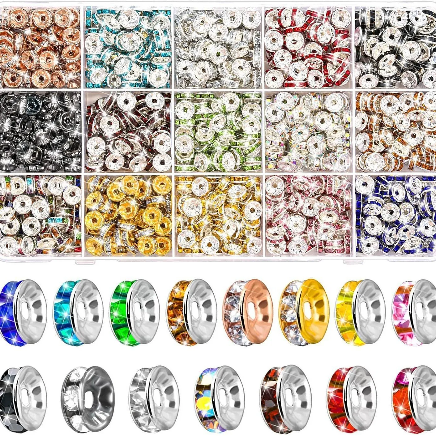 Rondelle Spacer Beads Rhinestone Crystal Metal Loose Beads For Jewelry Making DIY Bracelet Necklace Craft Supplies Colorful