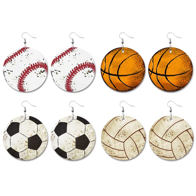 Vintage Distressed Sports Ball Pattern Faux Leather Drop Earrings Baseball Basketball Soccer Volleyball Jewelry For Women