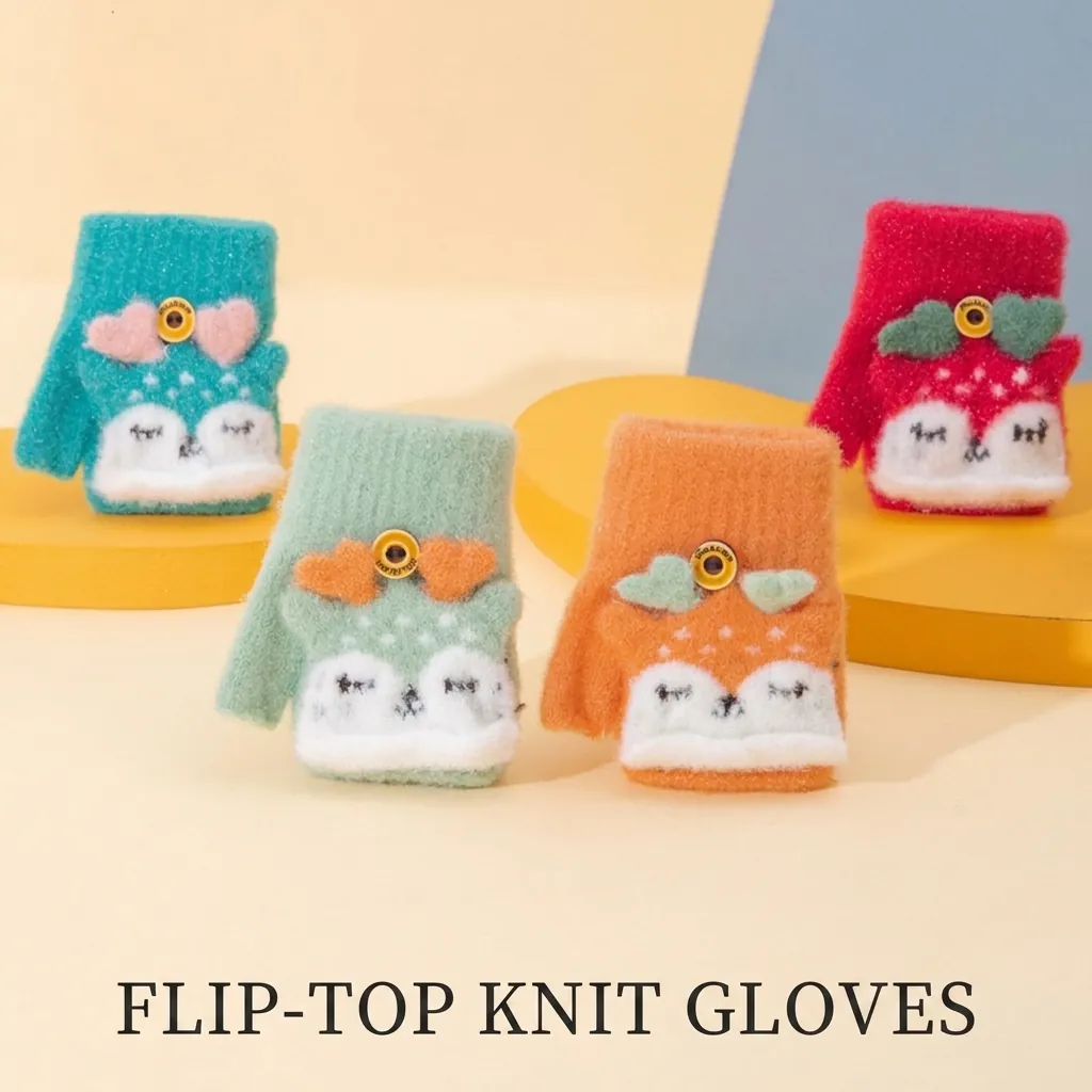 Guanti per Bambini Piccoli in Maglia a Mezzo Dito con Patta Invernali Caldi Motivo Animale Cartone Animato per Ragazzi Ragazze 0-3 Anni Guanti Jacquard