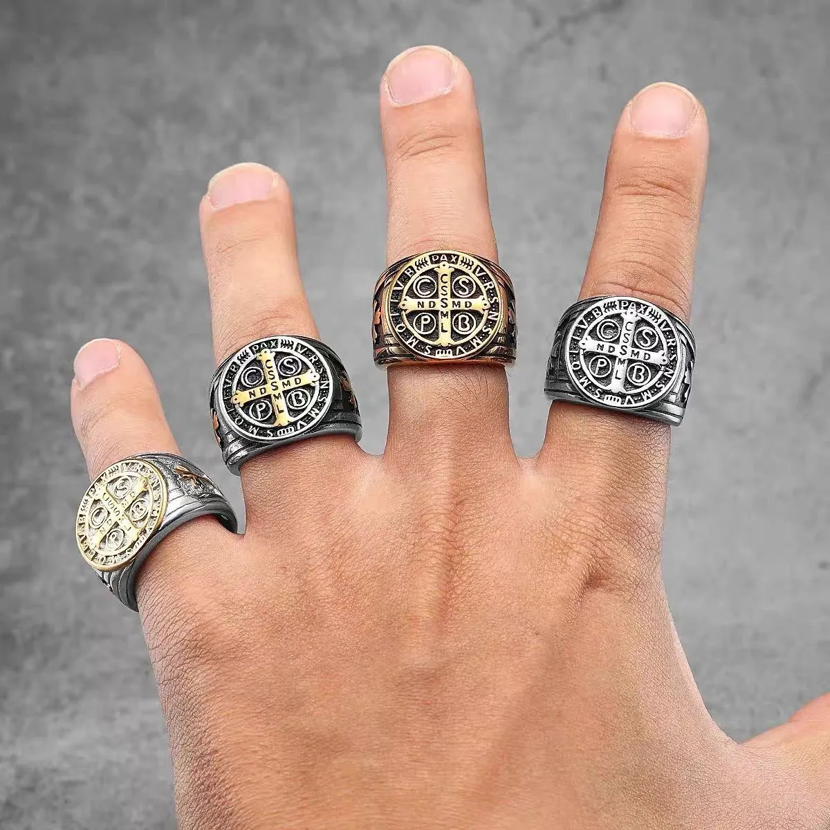 Saint Benedict Medal Signet Ring Stainless Steel Retro Cross Religious Punk Jewelry For Men Vintage Hip Hop Accessory