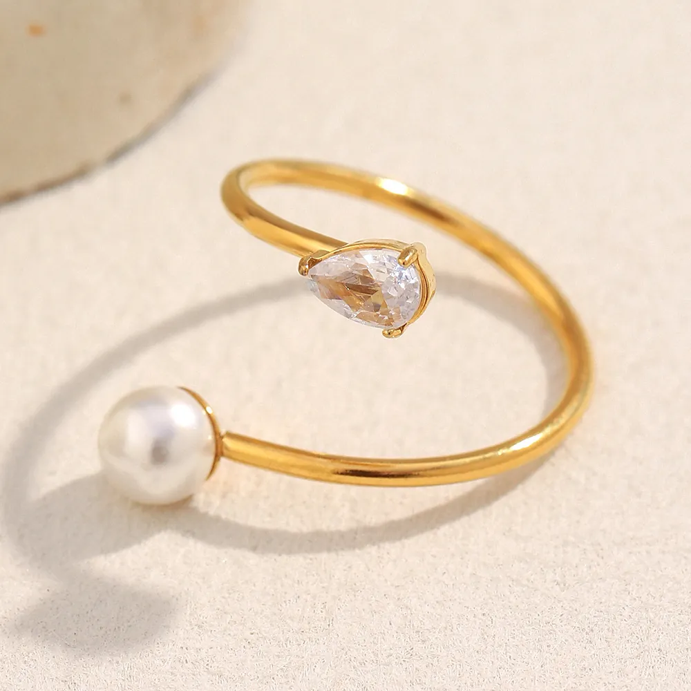 Asymmetric Open Snake Ring Stainless Steel 18K Gold Plated With Imitation Artificial Pearl And Teardrop Zircon For Women