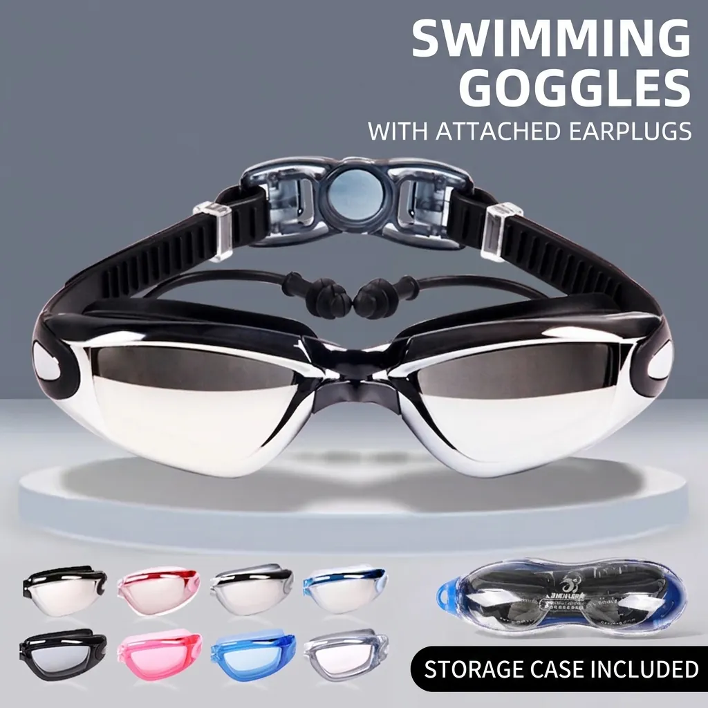 Adult Swimming Goggles Polycarbonate Silicone Anti Fog Waterproof Mirror Coated Nearsighted Integrated Earplugs Professional