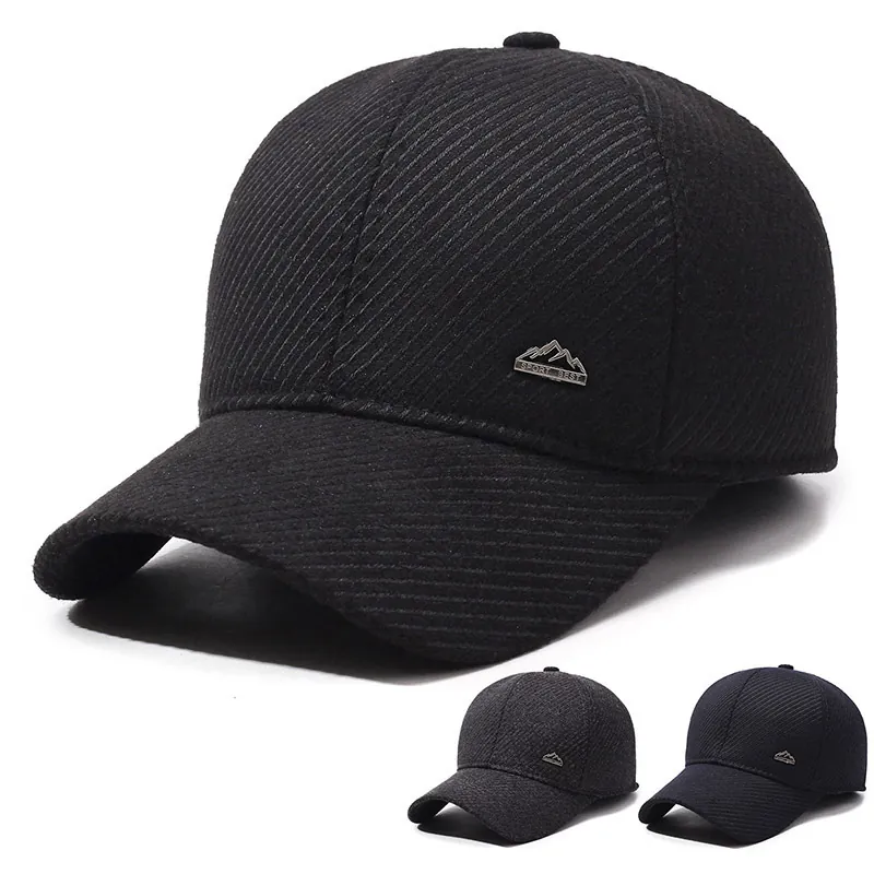 Men Baseball Cap Winter Warm Thickened Ribbed Fabric With Ear Flaps Windproof Outdoor Sports Adjustable