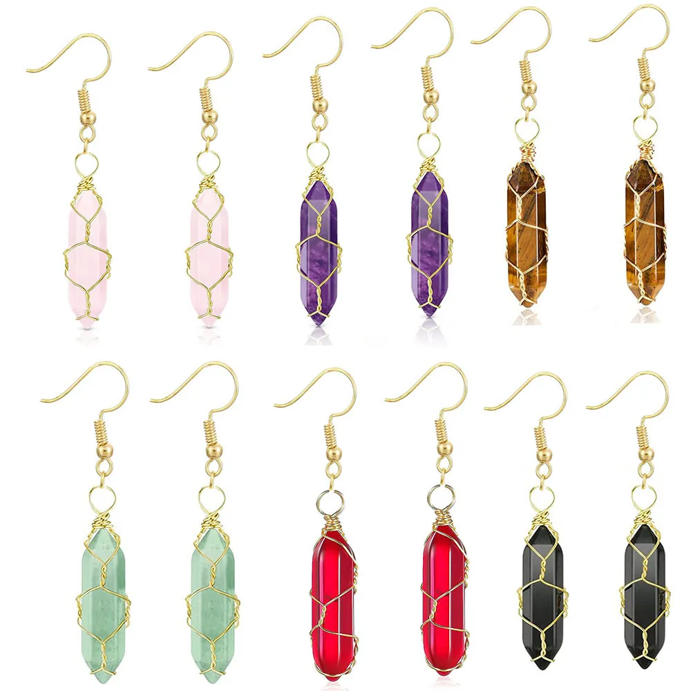 Hexagonal Crystal Natural Stone Drop Earrings With Copper Wire Wrapped Handmade Bohemian Style For Women