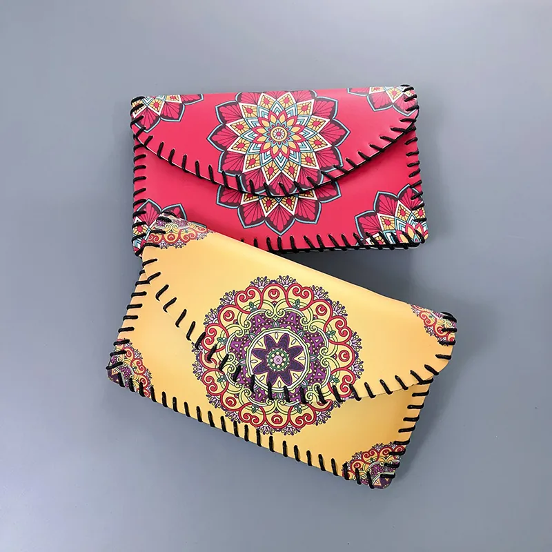 Women Ethnic Crossbody Phone Bag PU Leather Bohemian Mandala Print Hand Sewn Whipstitch Adjustable Strap Travel Casual