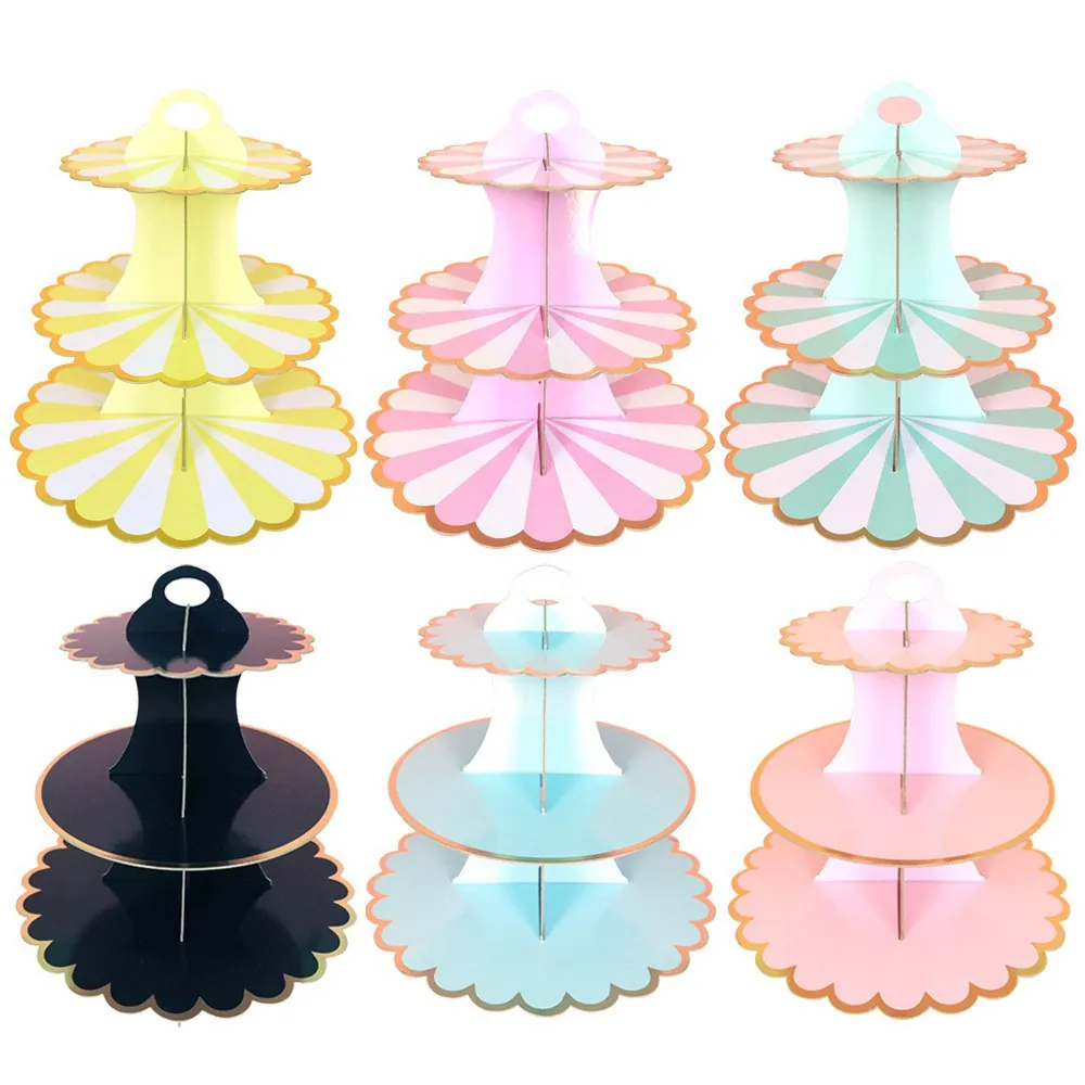 3-Tier Cupcake Stand Disposable Cardboard Gold Foil Scalloped Edge Dessert Display Tower For Wedding Birthday Party