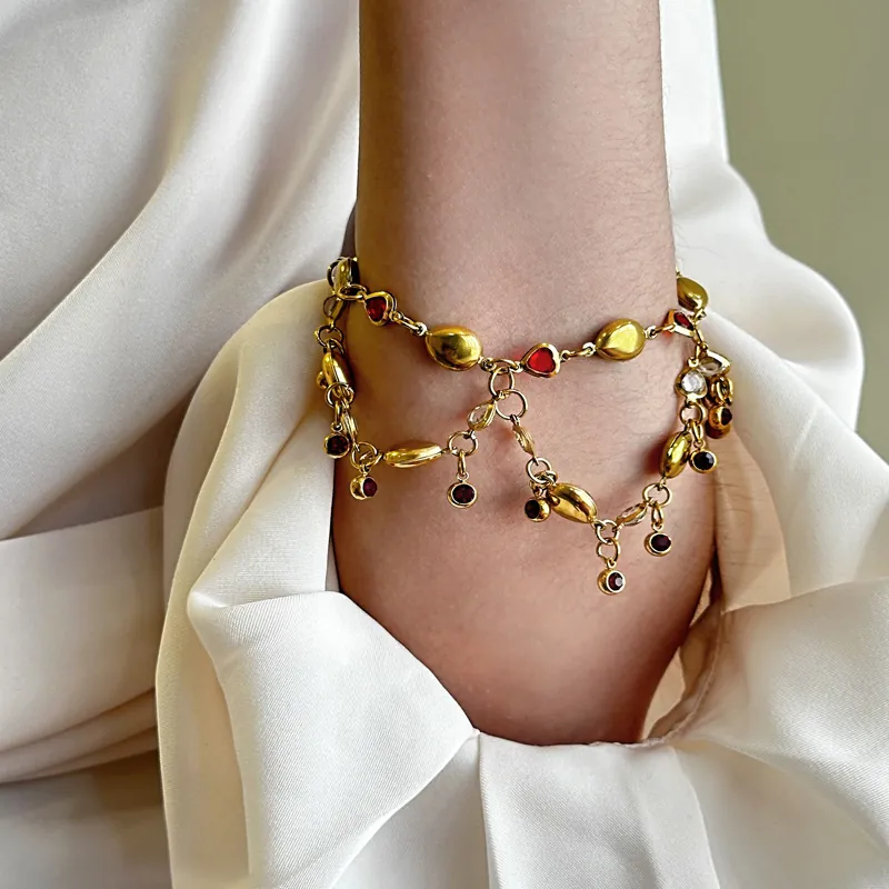 Vintage Gold Plated Stainless Steel Bracelet With Red Heart Rhinestone Pendants Bohemian Chain Jewelry For Women Gift
